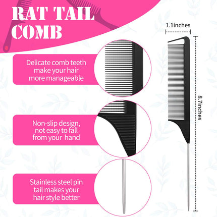 Hair Comb Set, 8 Pieces Rat Tail Combs, Teasing Combs, and Hand-held Alligator Clips, Carbon Fiber & Metal, for Hair Stylist, Braiding, Hair Women Girls, Daily Use.