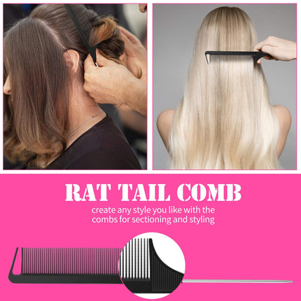 Hair Comb Set, 8 Pieces Rat Tail Combs, Teasing Combs, and Hand-held Alligator Clips, Carbon Fiber & Metal, for Hair Stylist, Braiding, Hair Women Girls, Daily Use.
