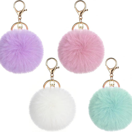 4 Pcs Pom Pom Keychains, Artificial Fur Ball Keychain Charms Ball Keyrings, Soft Fluffy Plush Tote Pendant Pompom Key Chains, Cute Colorful Car Bag Charm Purse Bag Accessories for Women (4 Colors).