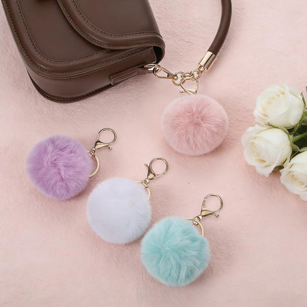 4 Pcs Pom Pom Keychains, Artificial Fur Ball Keychain Charms Ball Keyrings, Soft Fluffy Plush Tote Pendant Pompom Key Chains, Cute Colorful Car Bag Charm Purse Bag Accessories for Women (4 Colors).