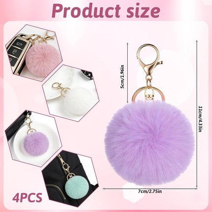 4 Pcs Pom Pom Keychains, Artificial Fur Ball Keychain Charms Ball Keyrings, Soft Fluffy Plush Tote Pendant Pompom Key Chains, Cute Colorful Car Bag Charm Purse Bag Accessories for Women (4 Colors).