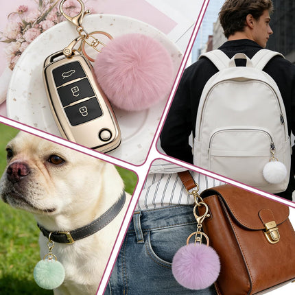 4 Pcs Pom Pom Keychains, Artificial Fur Ball Keychain Charms Ball Keyrings, Soft Fluffy Plush Tote Pendant Pompom Key Chains, Cute Colorful Car Bag Charm Purse Bag Accessories for Women (4 Colors).
