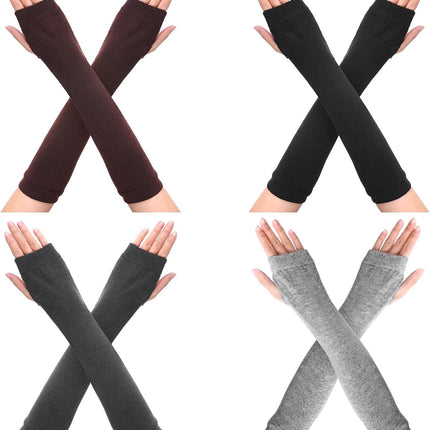 4 Pairs Arm Warmers Women Winter Long Fingerless Gloves Knit Mitten Elbow Length Gloves with Thumb Hole, Warm and Comfortable (Black, Coffee, Dark Gray, Light Gray).