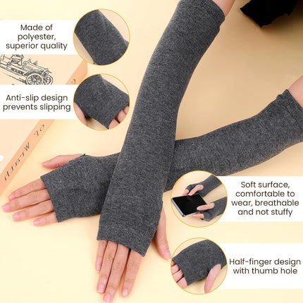 4 Pairs Arm Warmers Women Winter Long Fingerless Gloves Knit Mitten Elbow Length Gloves with Thumb Hole, Warm and Comfortable (Black, Coffee, Dark Gray, Light Gray).
