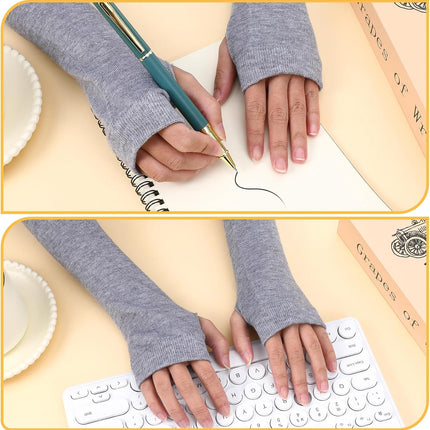 4 Pairs Arm Warmers Women Winter Long Fingerless Gloves Knit Mitten Elbow Length Gloves with Thumb Hole, Warm and Comfortable (Black, Coffee, Dark Gray, Light Gray).