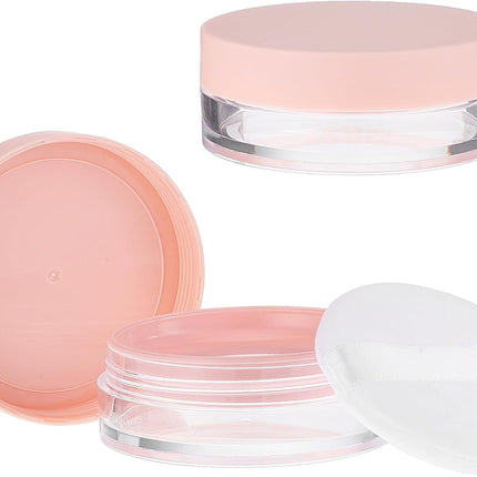 10ml (0.34oz) Loose Powder Containers, No Leak Plastic Empty Reusable Refillable Travel Compact Portable Makeup Powder Case Container with Pink Screw Lid, Elastic Net Sifter Sponge Puff.
