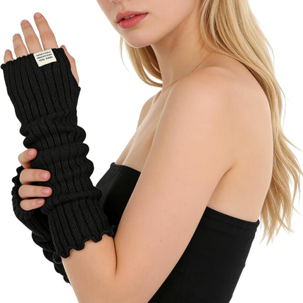 Black Arm Warmers Women Winter Long Black Cotton Fingerless Gloves Knit Mitten Elbow Length Gloves with Thumb Hole, Warm and Comfortable (Cotton).