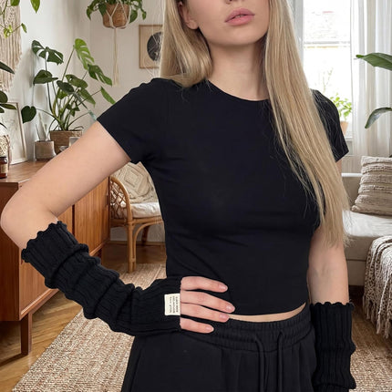 Black Arm Warmers Women Winter Long Black Cotton Fingerless Gloves Knit Mitten Elbow Length Gloves with Thumb Hole, Warm and Comfortable (Cotton).