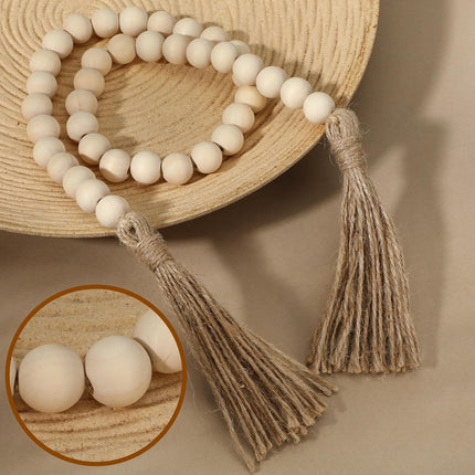 34in Farmhouse Wood Beads Garland with Tassels, Decorative Bead Home Decor Wooden Beads Garland Country Room Hanging for Wood Entryway Table, Shelf, Tray, Curtain Decor (Beige).