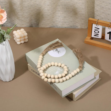 34in Farmhouse Wood Beads Garland with Tassels, Decorative Bead Home Decor Wooden Beads Garland Country Room Hanging for Wood Entryway Table, Shelf, Tray, Curtain Decor (Beige).