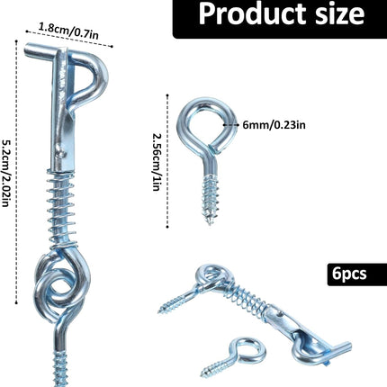 6 Pack Safety Hook and Eye Latch, 2 Inch Stainless Steel Spring Lock Gate Latch, Heavy Duty Rustproof Wire Gate Hook for Farm, Barn, Bathroom Doors, Family Security, Durable Outdoor Indoor Use.