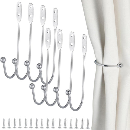 8 Pcs Metal Curtain Holdbacks, Curtain Tiebacks Wall Mounted Curtains Hooks Decorative Drapery Tie Backs Retro Window Hook with Screws for Drapes, Home Decor (Silver).