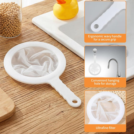 2 Pcs 9" Ultra-Fine Nylon Mesh Strainer, 100/200 Mesh, Fine Mesh Sieve Small Juice Strainer with Handle Yogurt Sieve Kitchen Plastic Colander Brine Shrimp Net for Nut Milk, Tea, Coffee, Honey, Wine.