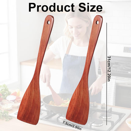 2 Pcs Wooden Spatula for Cooking, 12.2 Inch Long Handle Wood Flat Frying Cooking Spatulas, Wooden Kitchen Spatula Scraper Utensils, Right Hand Woods Turner for Nonstick Pans Cook Frying Baking.