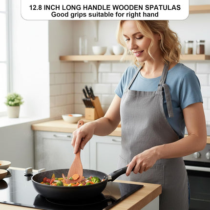 2 Pcs Wooden Spatula for Cooking, 12.2 Inch Long Handle Wood Flat Frying Cooking Spatulas, Wooden Kitchen Spatula Scraper Utensils, Right Hand Woods Turner for Nonstick Pans Cook Frying Baking.