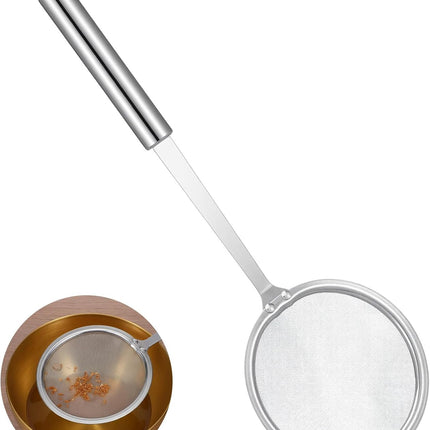 Stainless Steel Fat Skimmer Spoon 4” Fine Mesh Strainer with 9” Heat-Resistant Handle Grease Strainer Spoon Fat Separator for Cooking Frying Quinoa Soup Miso Foam Grease.