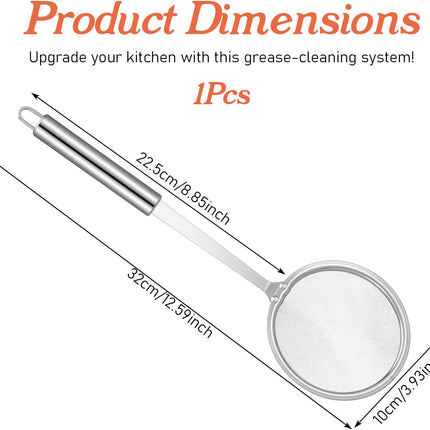 Stainless Steel Fat Skimmer Spoon 4” Fine Mesh Strainer with 9” Heat-Resistant Handle Grease Strainer Spoon Fat Separator for Cooking Frying Quinoa Soup Miso Foam Grease.