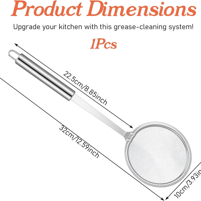 Stainless Steel Fat Skimmer Spoon 4” Fine Mesh Strainer with 9” Heat-Resistant Handle Grease Strainer Spoon Fat Separator for Cooking Frying Quinoa Soup Miso Foam Grease.