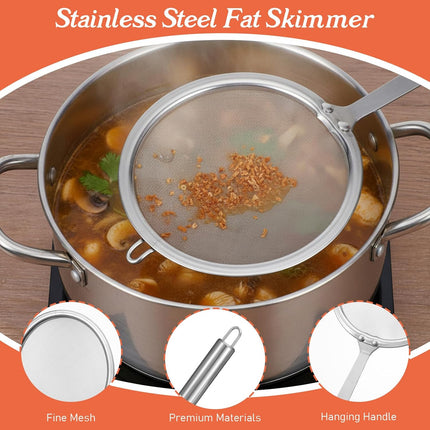 Stainless Steel Fat Skimmer Spoon 4” Fine Mesh Strainer with 9” Heat-Resistant Handle Grease Strainer Spoon Fat Separator for Cooking Frying Quinoa Soup Miso Foam Grease.