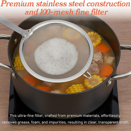 Stainless Steel Fat Skimmer Spoon 4” Fine Mesh Strainer with 9” Heat-Resistant Handle Grease Strainer Spoon Fat Separator for Cooking Frying Quinoa Soup Miso Foam Grease.