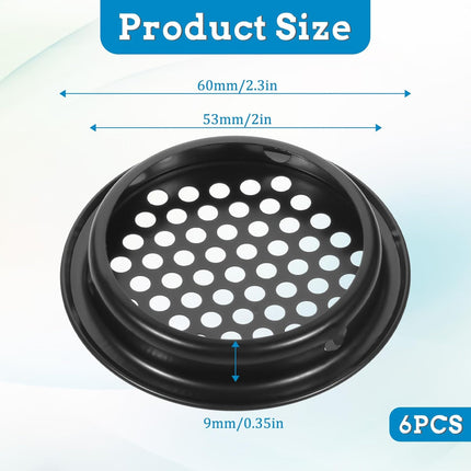 Soffit Vents Round Vent Cover, 6 Pcs 53mm/ 2inch Air Vents Stainless Steel Black Soffit Louver Vent Mesh Hole for Kitchen Bathroom Wardrobe Cabinet.