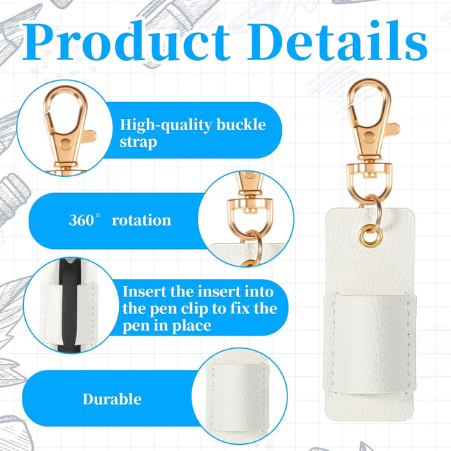 2 Pcs Pen Holder for Lanyard, White PU Leather Anti-Lost Lanyard Pen Clip Retractable Pens Holder Clip Keychain, Portable Pouch Pocket Pens Holders for Pencil Badges Clipboard Nurses Office School.