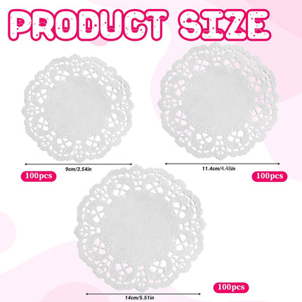 300 Pcs Paper Doilies, 3 sizes Lace Doilies Paper Round Disposable Placemats White-Doilies for Tables Dessert Trays Party Craft Wedding Birthday Cakes Tableware Decorations (3.5 in, 4.5 in, 5.5 in).