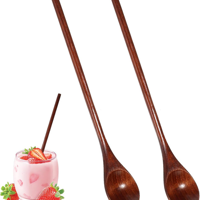 2 PCS Wooden Spoons for Honey, Long Handle Mixing Wooden Spoon 7.8 Inch Honey Spoons Matcha Spoon for Stirring Brown Cocktail Stirrer Mixing Teaspoon for Home Kitchen Bar Restaurant.