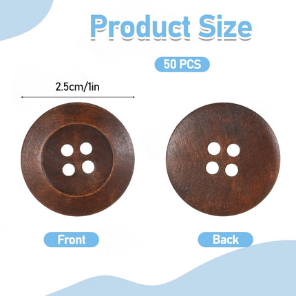 50 Pcs Big Wooden Buttons, 1 Inch (25 mm) Small Natural Wood Brown Buttons 4 Hole Round Sewing Large Replacement Button for Clothing, DIY Crafts, Jackets, Sewing Project, Home Decorations.