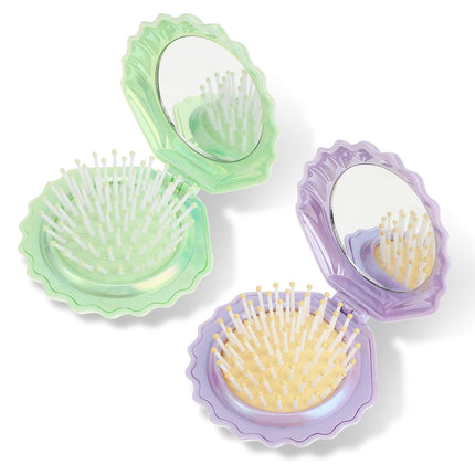 2 PCS Shell Folding Hair Brush with Mirror, Foldable Mini Hairbrush Retractable Purse Combs Cute Small Travel Brushes for Women, Portable Shell Pocket Comb for Purse (Purple, Green).