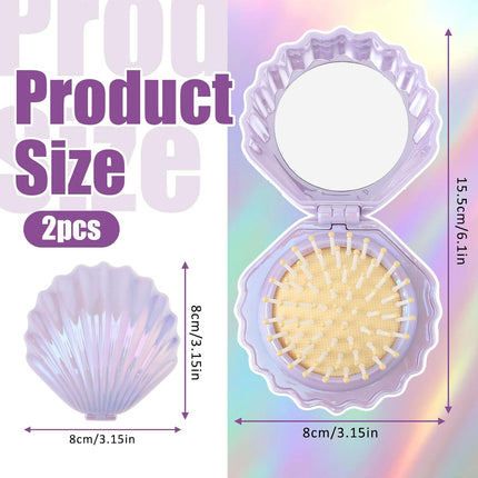 2 PCS Shell Folding Hair Brush with Mirror, Foldable Mini Hairbrush Retractable Purse Combs Cute Small Travel Brushes for Women, Portable Shell Pocket Comb for Purse (Purple, Green).