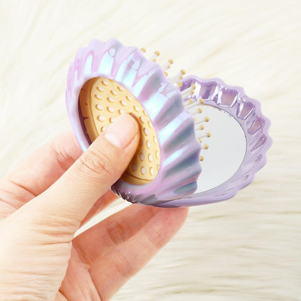 2 PCS Shell Folding Hair Brush with Mirror, Foldable Mini Hairbrush Retractable Purse Combs Cute Small Travel Brushes for Women, Portable Shell Pocket Comb for Purse (Purple, Green).