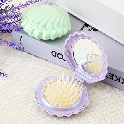 2 PCS Shell Folding Hair Brush with Mirror, Foldable Mini Hairbrush Retractable Purse Combs Cute Small Travel Brushes for Women, Portable Shell Pocket Comb for Purse (Purple, Green).