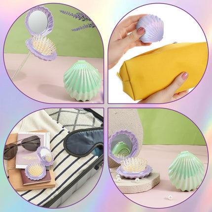 2 PCS Shell Folding Hair Brush with Mirror, Foldable Mini Hairbrush Retractable Purse Combs Cute Small Travel Brushes for Women, Portable Shell Pocket Comb for Purse (Purple, Green).