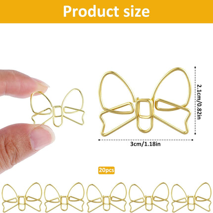 20 Pcs Mini Bow Shape Paper Clips, Gold Paperclips Cute Paper Clips Decorative Bowknot Paperclips Metal Bookmarks Funny Planner Clip Desk Accessories for School Office Supplies Home Document.