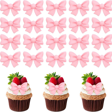 20 Pcs Pink Bow Cupcake Decorations, Resin Bowknot Cake Toppers Birthday Engagement Theme Party Decoration for DIY Art Crafts, Wedding, Baby Shower, Party.