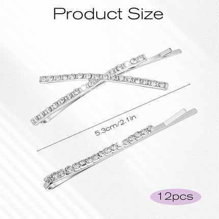 12 Pieces Rhinestone Bobby Pins for Women, Decorative Silver Hair Clips Crystal Shiny X Shaped Barrettes Metal Diamond Bling Hair Accessories for Women Girls Wedding Prom Party.