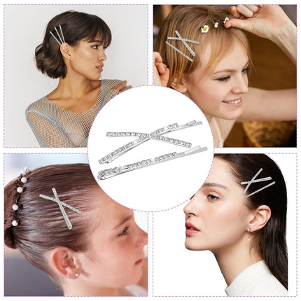 12 Pieces Rhinestone Bobby Pins for Women, Decorative Silver Hair Clips Crystal Shiny X Shaped Barrettes Metal Diamond Bling Hair Accessories for Women Girls Wedding Prom Party.