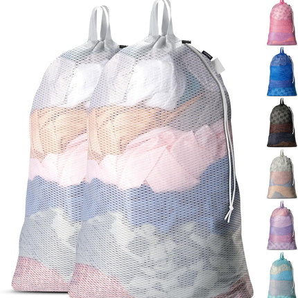 Extra Large Mesh Laundry Bags 2-Pack – Heavy Duty, Machine Washable Laundry Bag with Handles & Shoulder Strap, Odor Resistant, for College Dorm, Travel, Bedding & Clothes Storage, White.