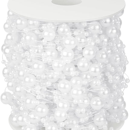 100 Feet Faux Pearls String Beads Fishing Line Artificial Decoration Pearl Strand Roll Beaded for Wedding Valentine Decoration DIY Accessories Party Supplies (White).