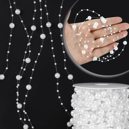 100 Feet Faux Pearls String Beads Fishing Line Artificial Decoration Pearl Strand Roll Beaded for Wedding Valentine Decoration DIY Accessories Party Supplies (White).