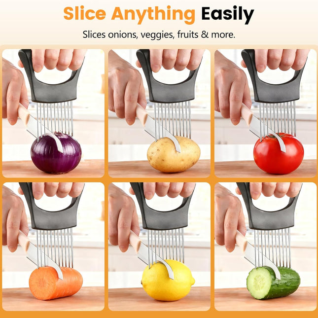Onion Holder for Slicing, 304 Stainless Steel Onion Slicer Holder, Tomato & Vegetable Cutter, Fruit Slicer & Meat Tenderizer, Ergonomic Kitchen Gadget for Safe, Even & Odor-Free Cutting, Home Cooking.