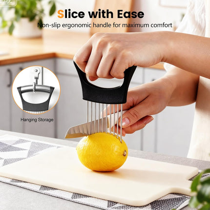 Onion Holder for Slicing, 304 Stainless Steel Onion Slicer Holder, Tomato & Vegetable Cutter, Fruit Slicer & Meat Tenderizer, Ergonomic Kitchen Gadget for Safe, Even & Odor-Free Cutting, Home Cooking.