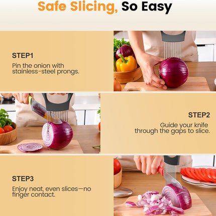 Onion Holder for Slicing, 304 Stainless Steel Onion Slicer Holder, Tomato & Vegetable Cutter, Fruit Slicer & Meat Tenderizer, Ergonomic Kitchen Gadget for Safe, Even & Odor-Free Cutting, Home Cooking.