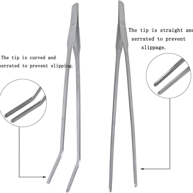 2 Pcs Feeding Tongs, Aquarium Tweezers Stainless Steel Straight and Curved Tweezers Set 27cm/10.6 inches Aquascaping Tools for Hold Worms, Reptiles, Lizards, Bearded Dragon (Silver).