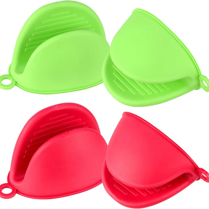 2 Pairs Mini Oven Gloves, Silicone Oven Mitts Heat Resistant, Silicone Potholders Cooking Pinch for Kitchen Cooking & Baking (Red and Green).