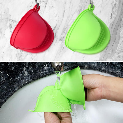 2 Pairs Mini Oven Gloves, Silicone Oven Mitts Heat Resistant, Silicone Potholders Cooking Pinch for Kitchen Cooking & Baking (Red and Green).