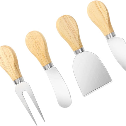 4-Piece Mini Wooden Handle Stainless Steel Cheese Set - Slicer, Knife, Fork, Butter Knife for Charcuterie & Cheese Spread.