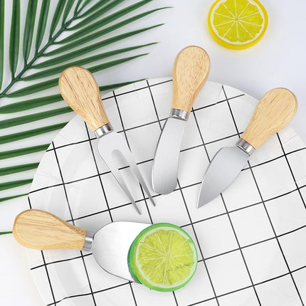 4-Piece Mini Wooden Handle Stainless Steel Cheese Set - Slicer, Knife, Fork, Butter Knife for Charcuterie & Cheese Spread.