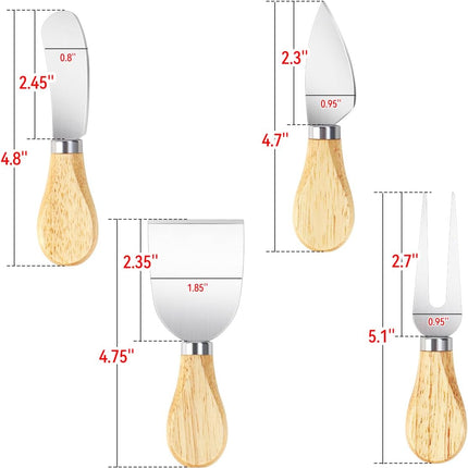 4-Piece Mini Wooden Handle Stainless Steel Cheese Set - Slicer, Knife, Fork, Butter Knife for Charcuterie & Cheese Spread.